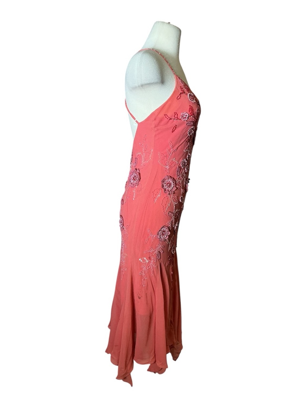 Y2K Sue Wong Silk Crochet Beaded Applique Handkerchief Pink Midi Dress Size 6 - Picture 2 of 8